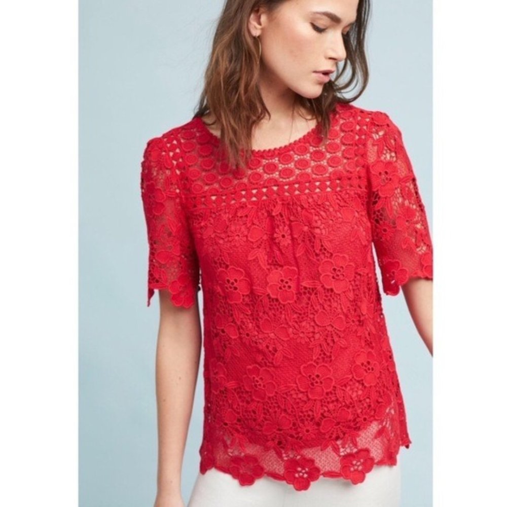 Anthropologie Vanessa & Virginia Candace Crochet Lace top Boho Crimson Red 4 S